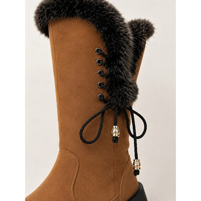 Women's Knee High Boots with Fur Trim and Block Heel