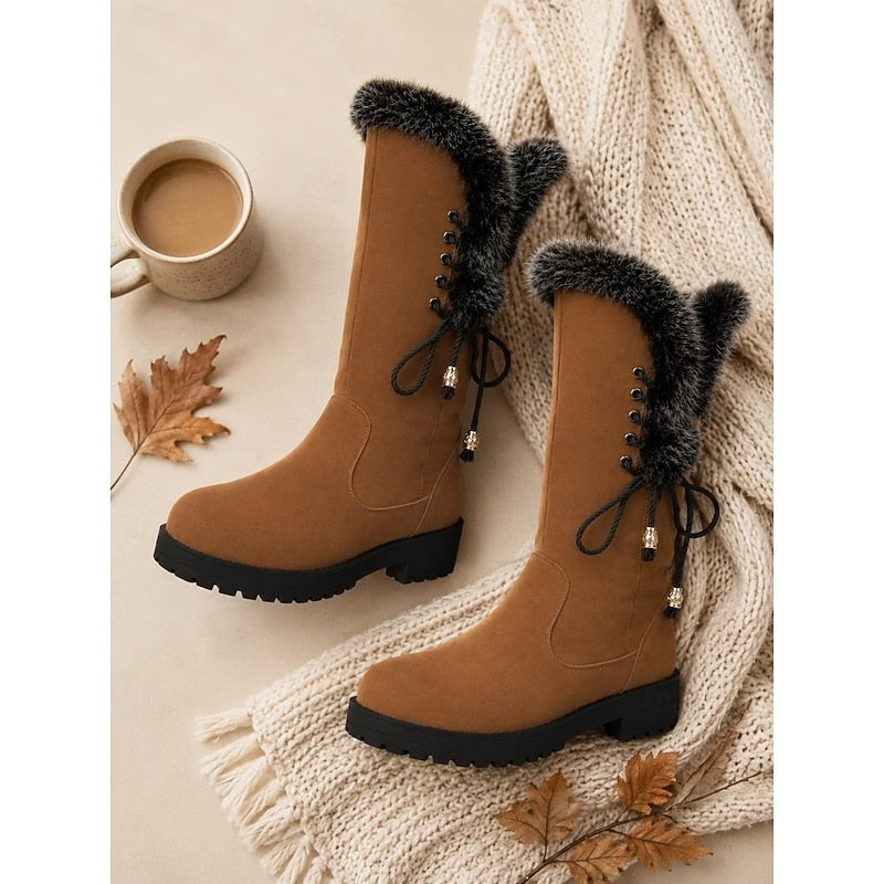 Women's Knee High Boots with Fur Trim and Block Heel