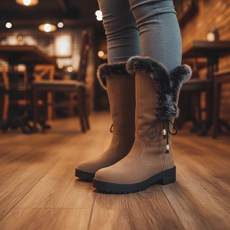Women's Knee High Boots with Fur Trim and Block Heel