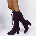 Women's Lace-Up Suede Block Heel Knee High Boots