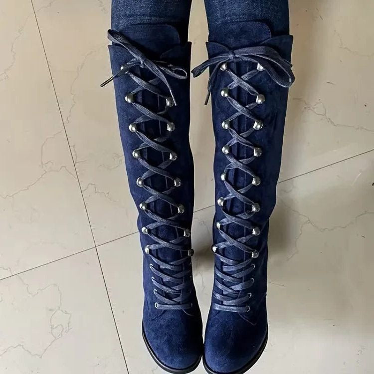 Women's Lace-Up Suede Block Heel Knee High Boots