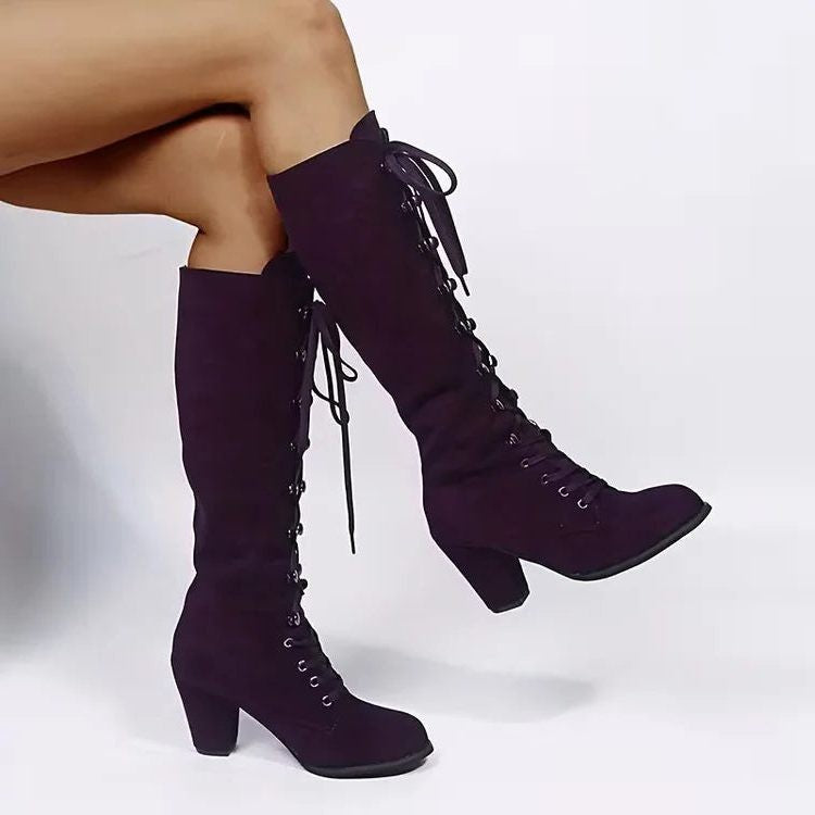Women's Lace-Up Suede Block Heel Knee High Boots