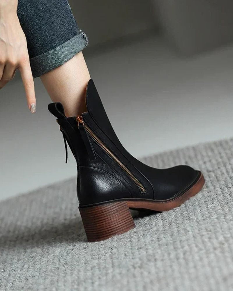 Women's Leather Ankle Boots with Block Heel and Side Zip