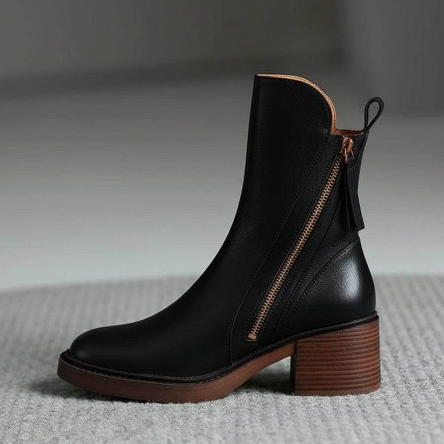 Women's Leather Ankle Boots with Block Heel and Side Zip