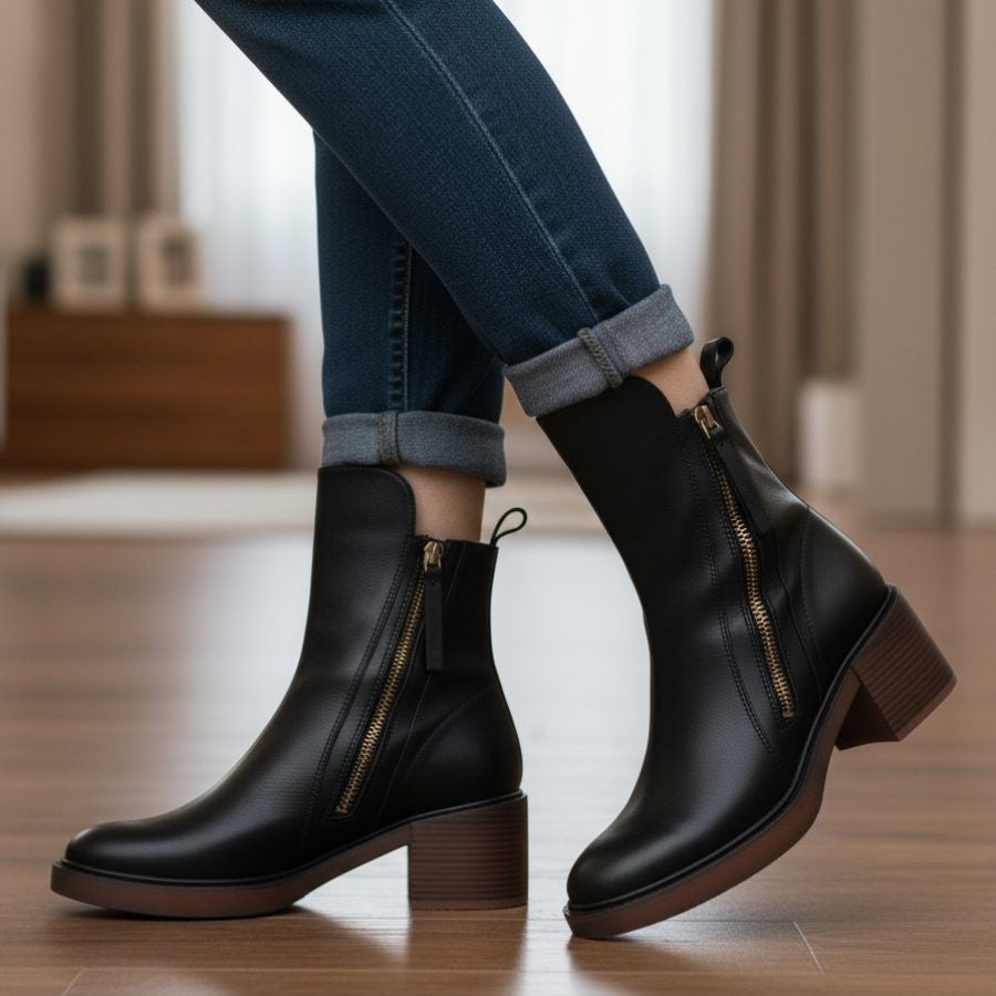 Women's Leather Ankle Boots with Block Heel and Side Zip