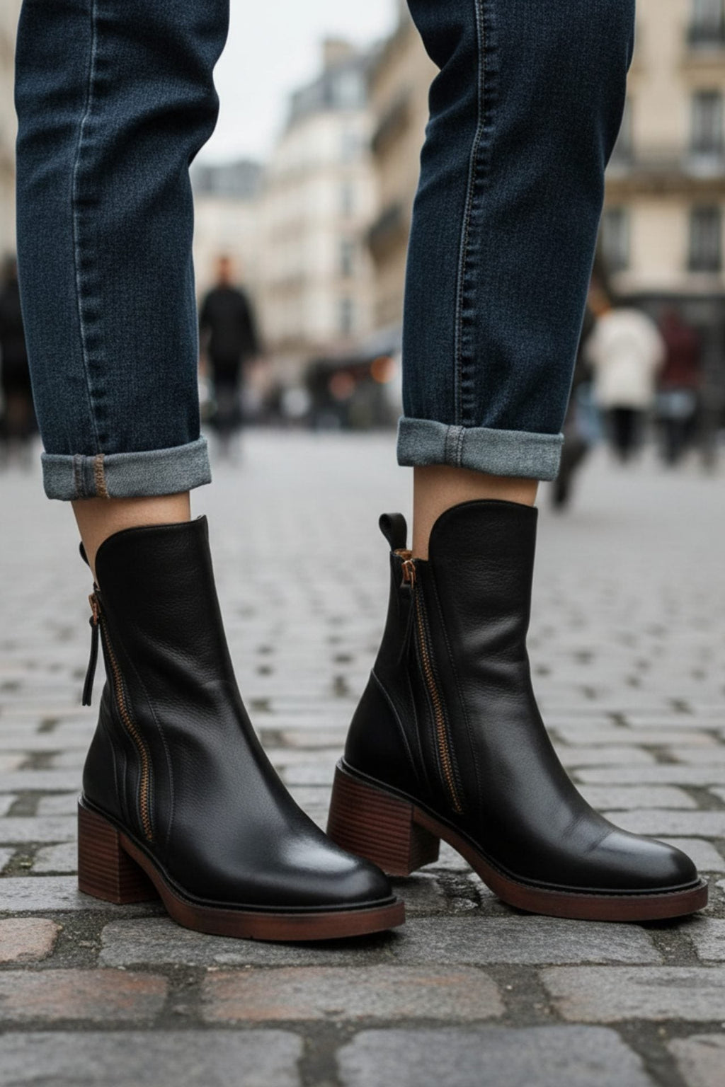 Women's Leather Ankle Boots with Block Heel and Side Zip
