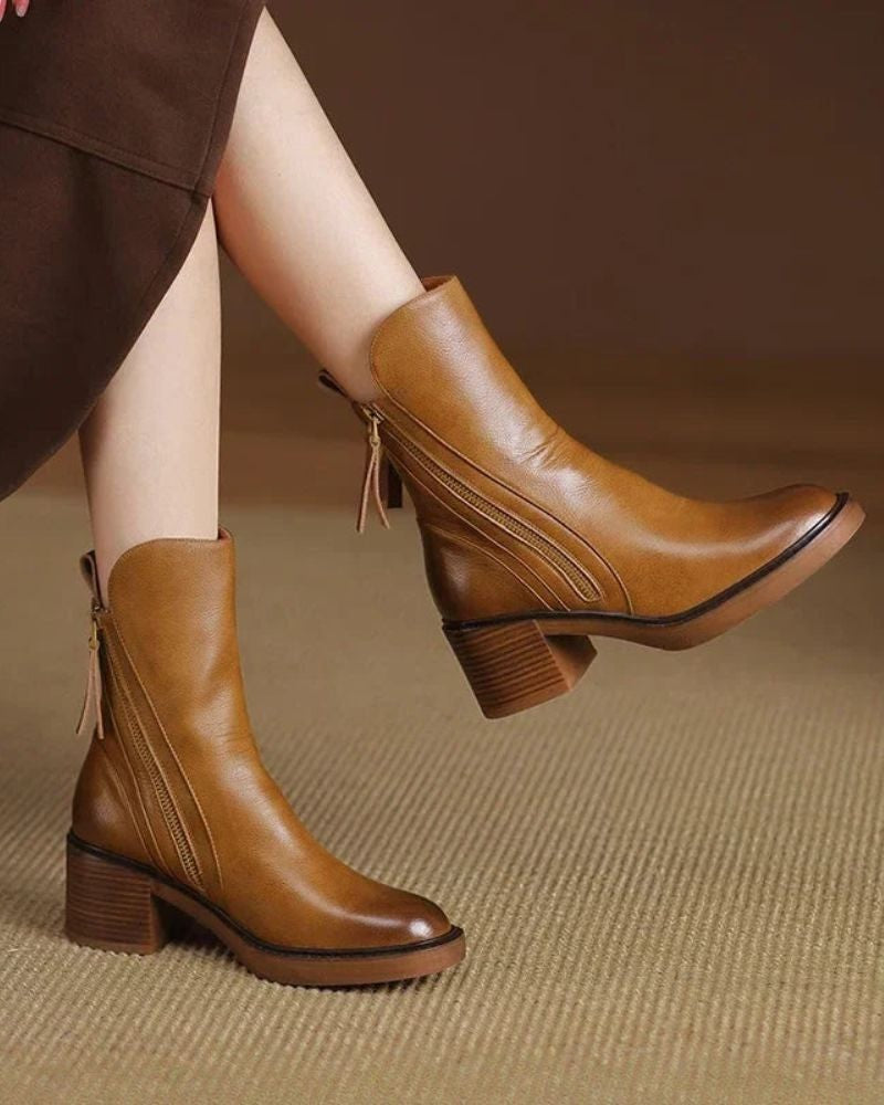 Women's Leather Ankle Boots with Block Heel and Side Zip