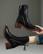 Women's Leather Ankle Boots with Block Heel and Side Zip