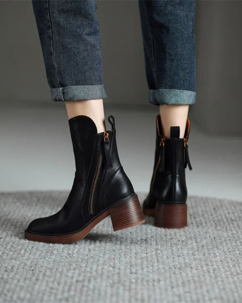 Women's Leather Ankle Boots with Block Heel and Side Zip