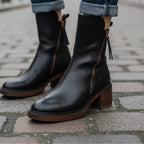 Women's Leather Ankle Boots with Block Heel and Side Zip