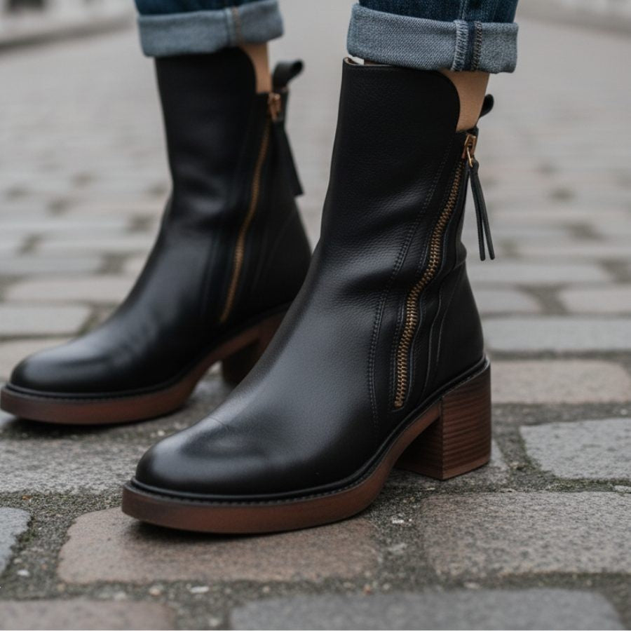 Women's Leather Ankle Boots with Block Heel and Side Zip