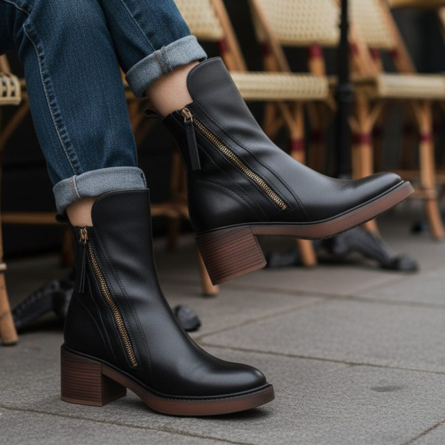 Women's Leather Ankle Boots with Block Heel and Side Zip