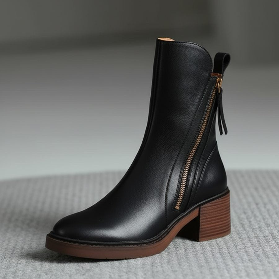 Women's Leather Ankle Boots with Block Heel and Side Zip