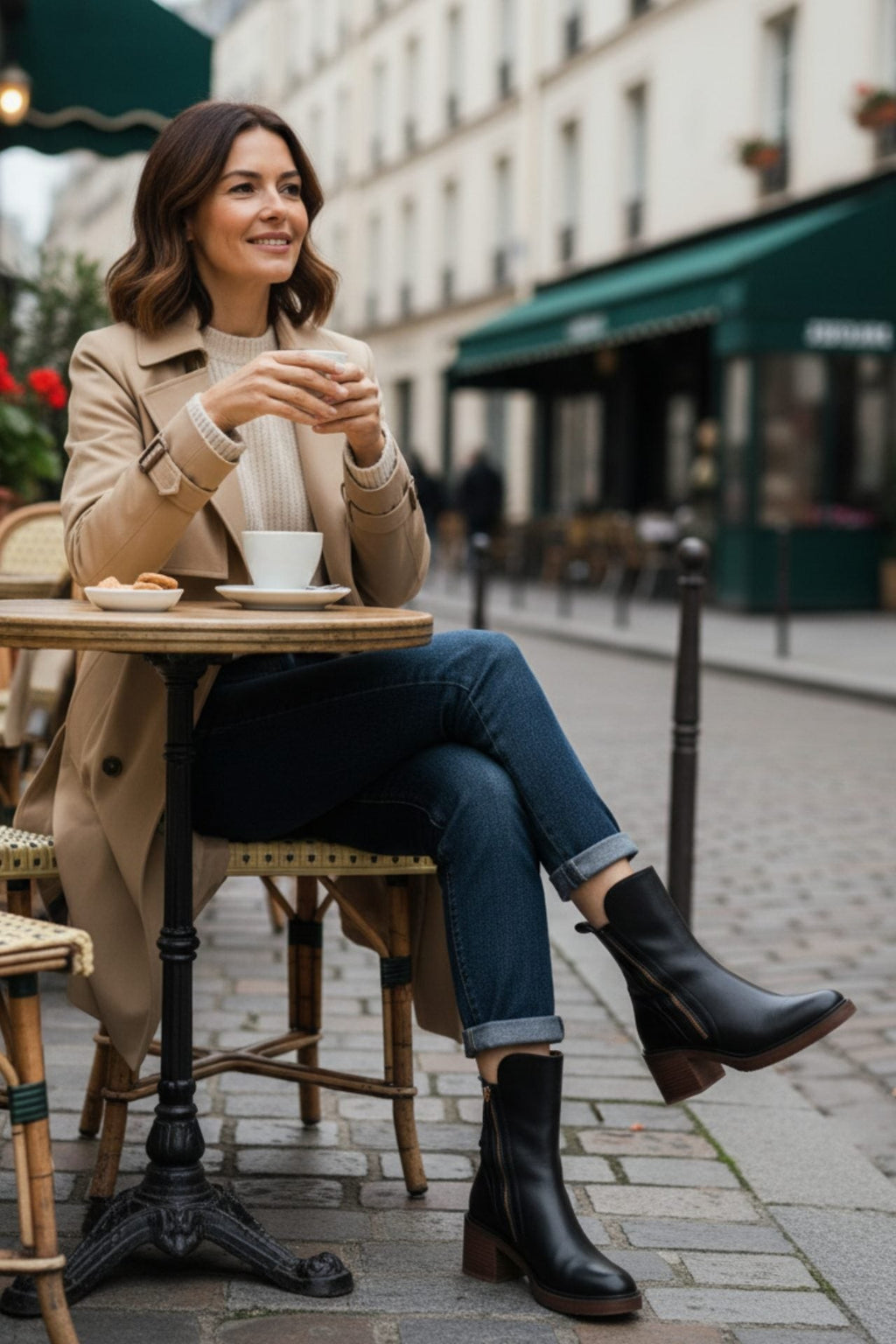 Women's Leather Ankle Boots with Block Heel and Side Zip