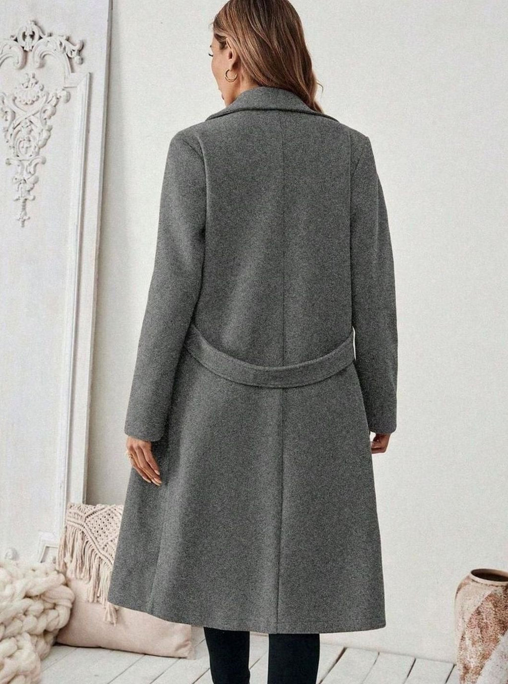 Women's Long Belted Coat with Wide Collar
