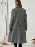 Women's Long Belted Coat with Wide Collar