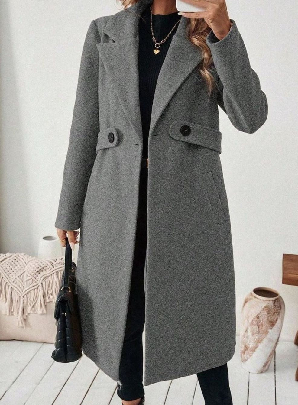 Women's Long Belted Coat with Wide Collar