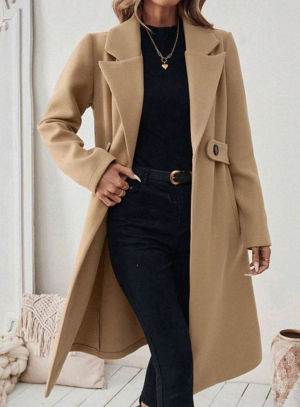 Women's Long Belted Coat with Wide Collar