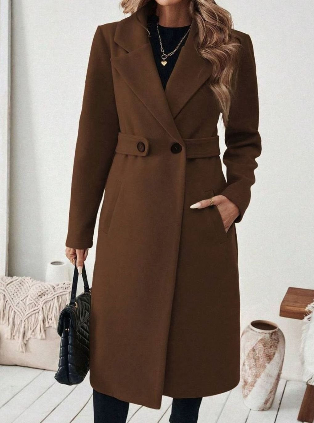 Women's Long Belted Coat with Wide Collar