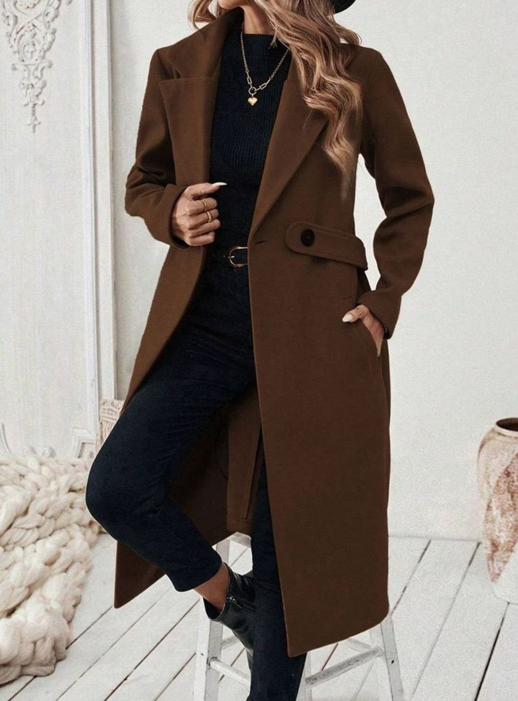 Women's Long Belted Coat with Wide Collar