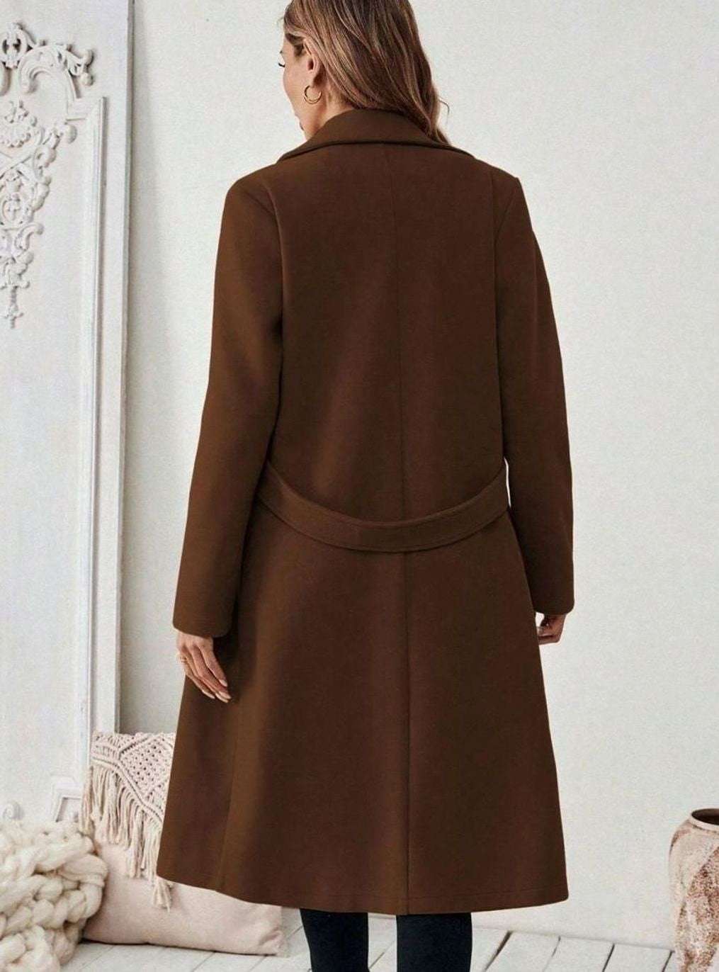 Women's Long Belted Coat with Wide Collar