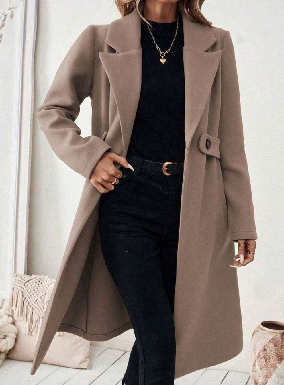 Women's Long Belted Coat with Wide Collar