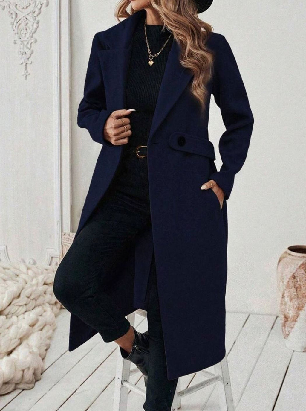 Women's Long Belted Coat with Wide Collar