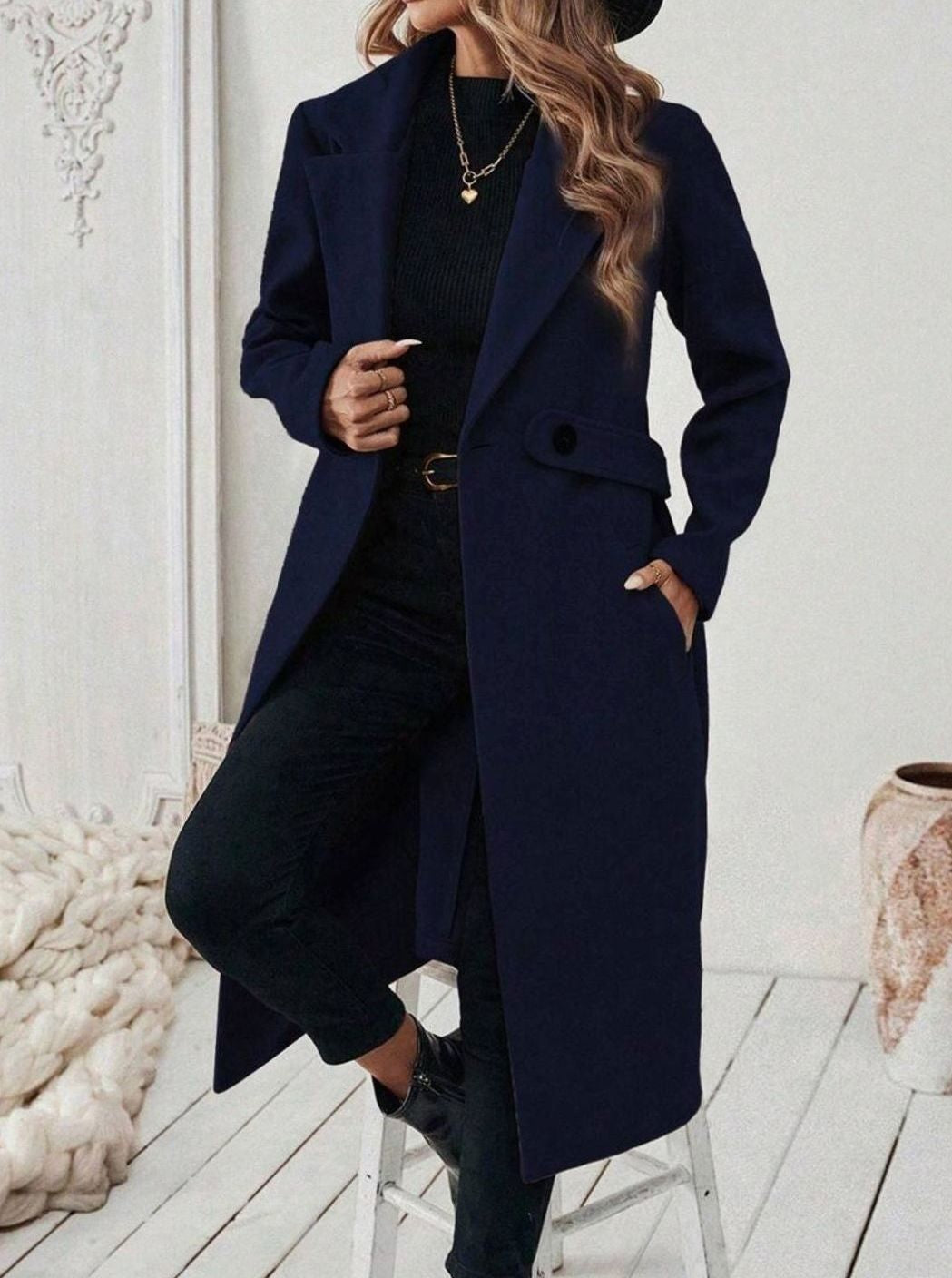 Women's Long Belted Coat with Wide Collar