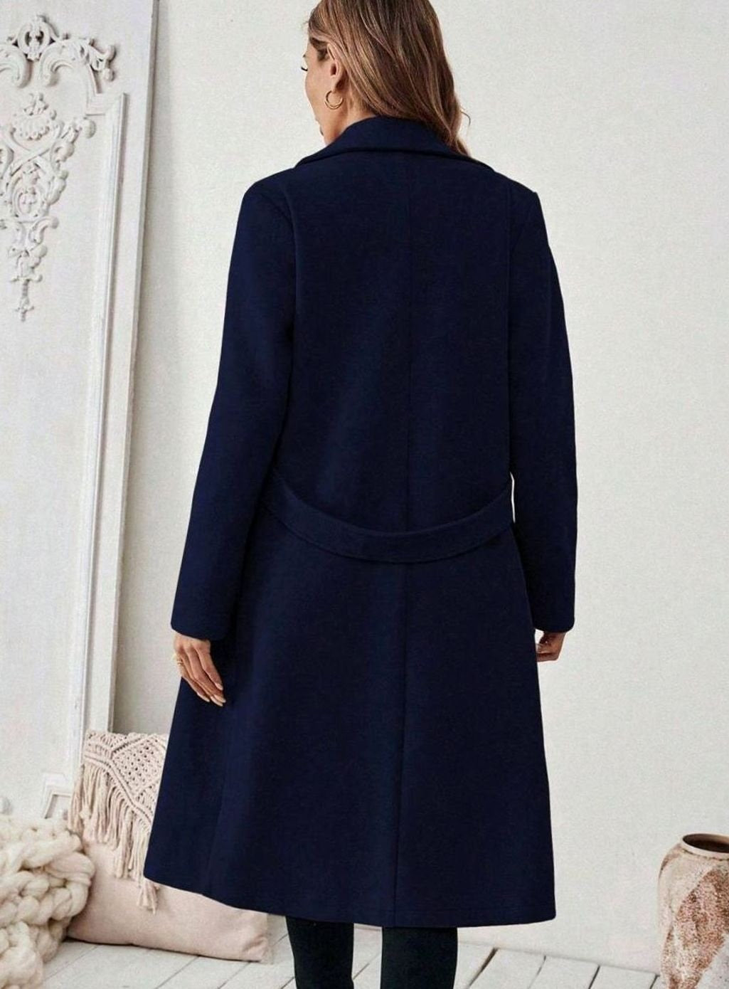 Women's Long Belted Coat with Wide Collar