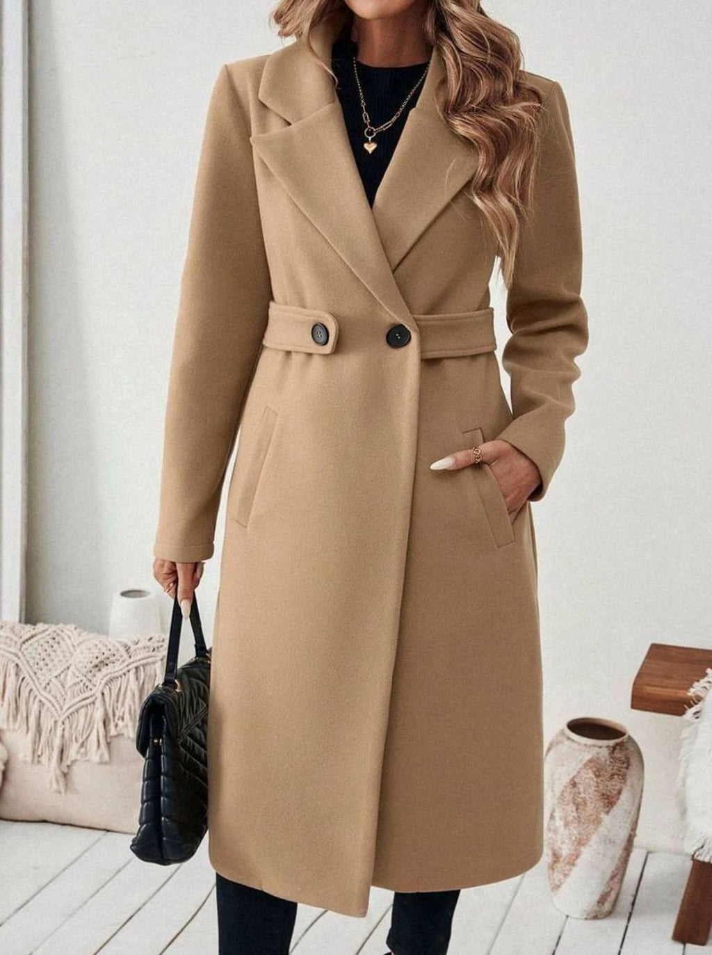 Women's Long Belted Coat with Wide Collar