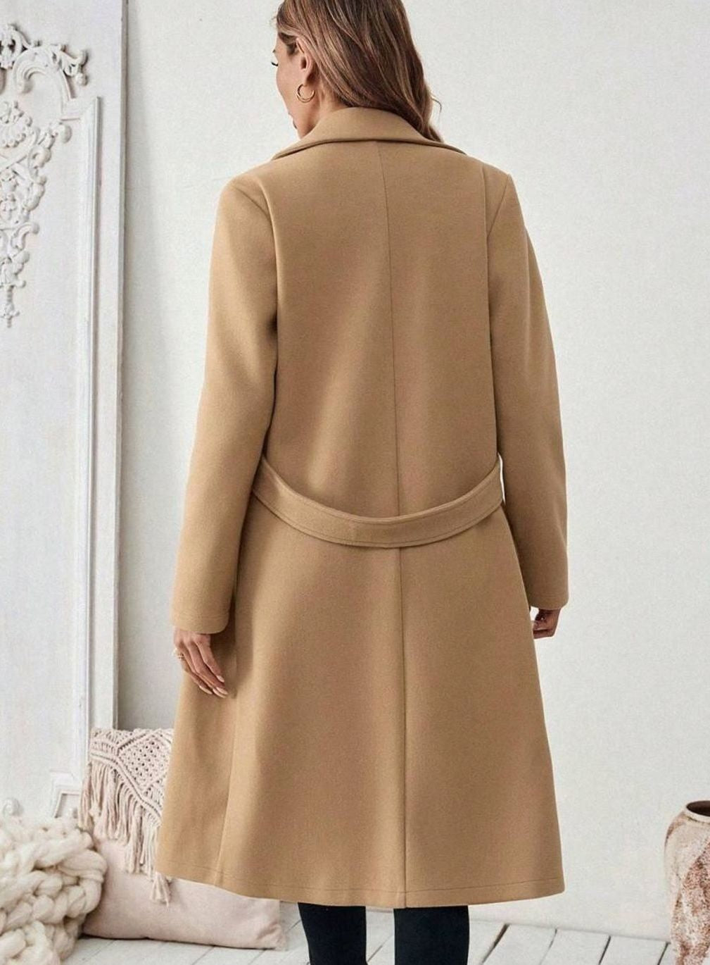 Women's Long Belted Coat with Wide Collar
