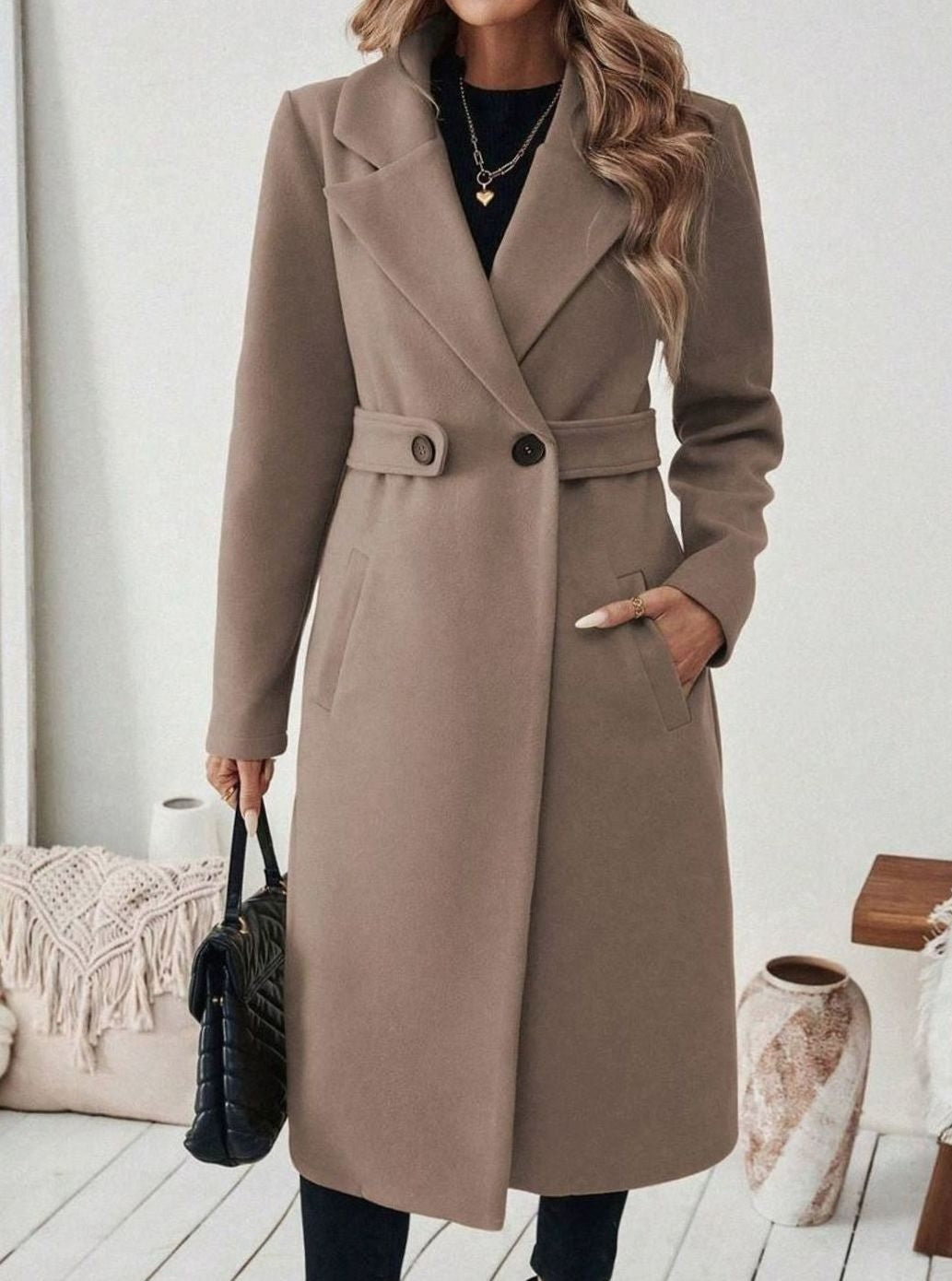 Women's Long Belted Coat with Wide Collar