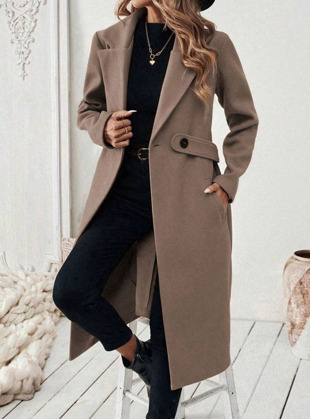 Women's Long Belted Coat with Wide Collar