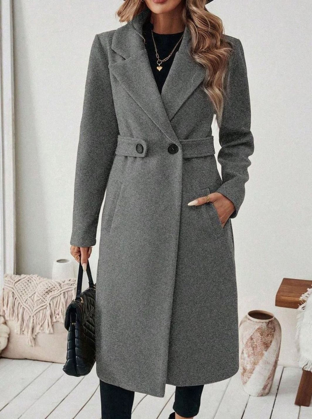 Women's Long Belted Coat with Wide Collar