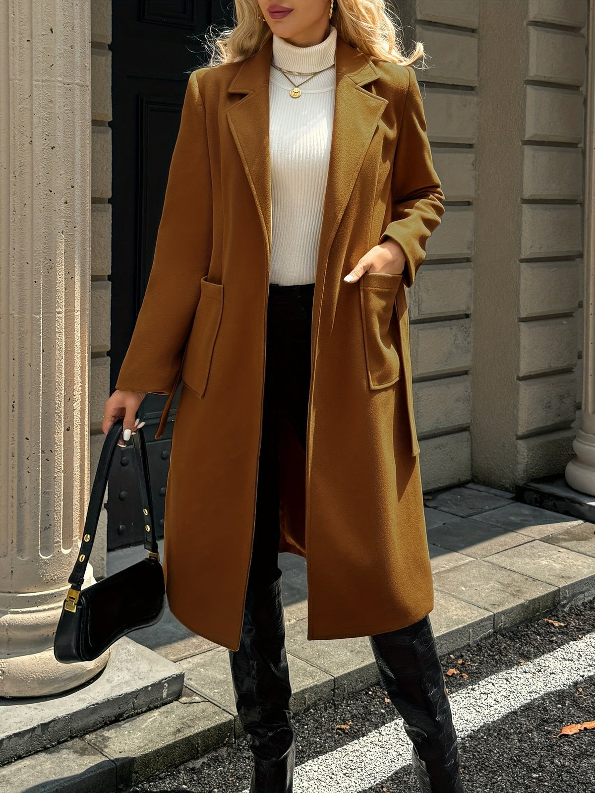 Women's Long Tailored Belted Coat with Pockets