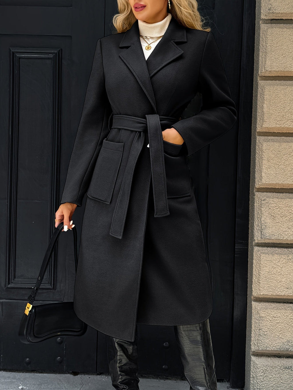 Women's Long Tailored Belted Coat with Pockets