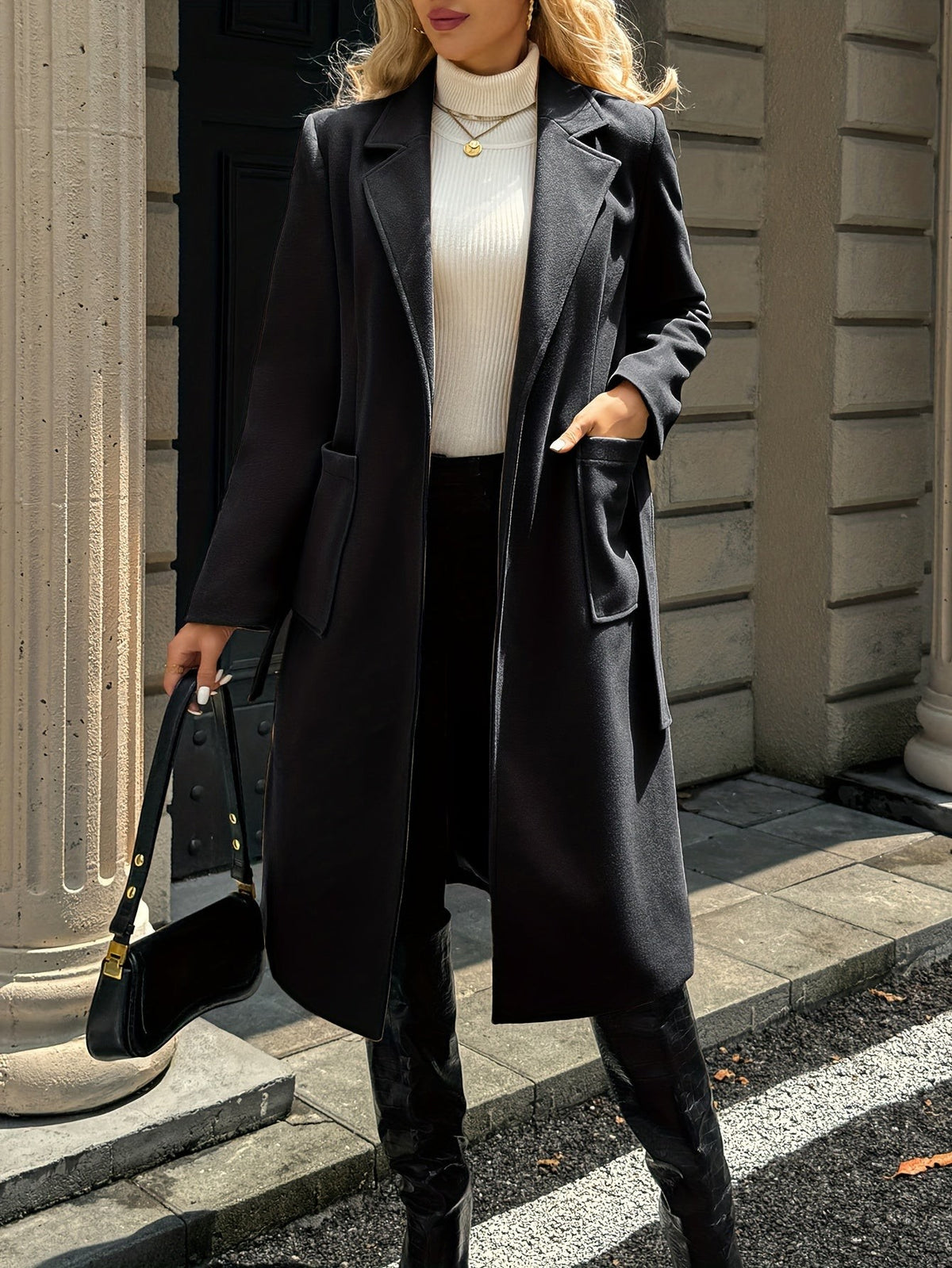 Women's Long Tailored Belted Coat with Pockets