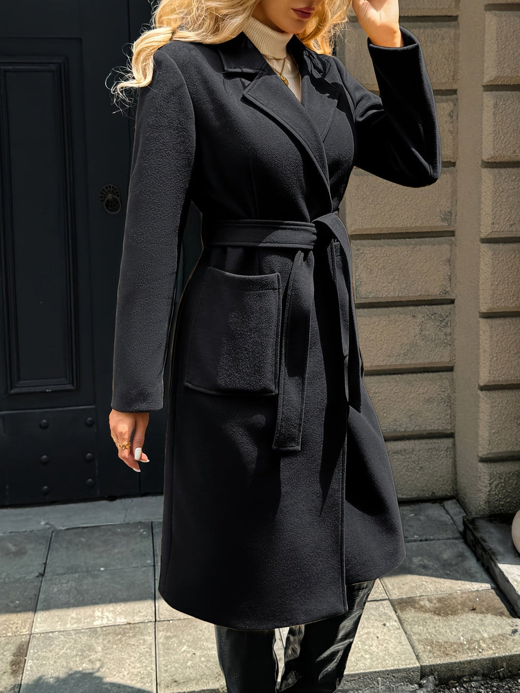 Women's Long Tailored Belted Coat with Pockets