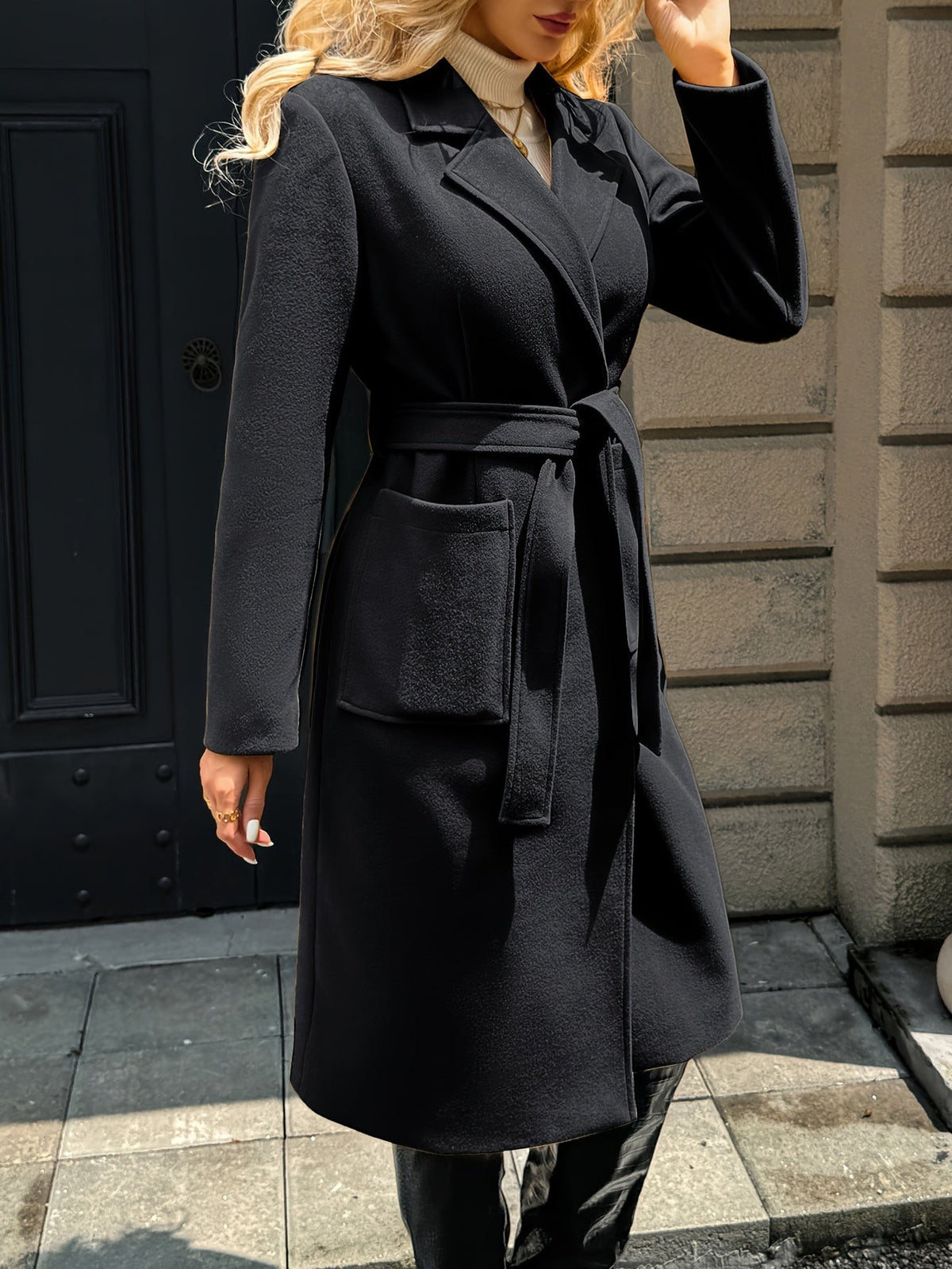 Women's Long Tailored Belted Coat with Pockets