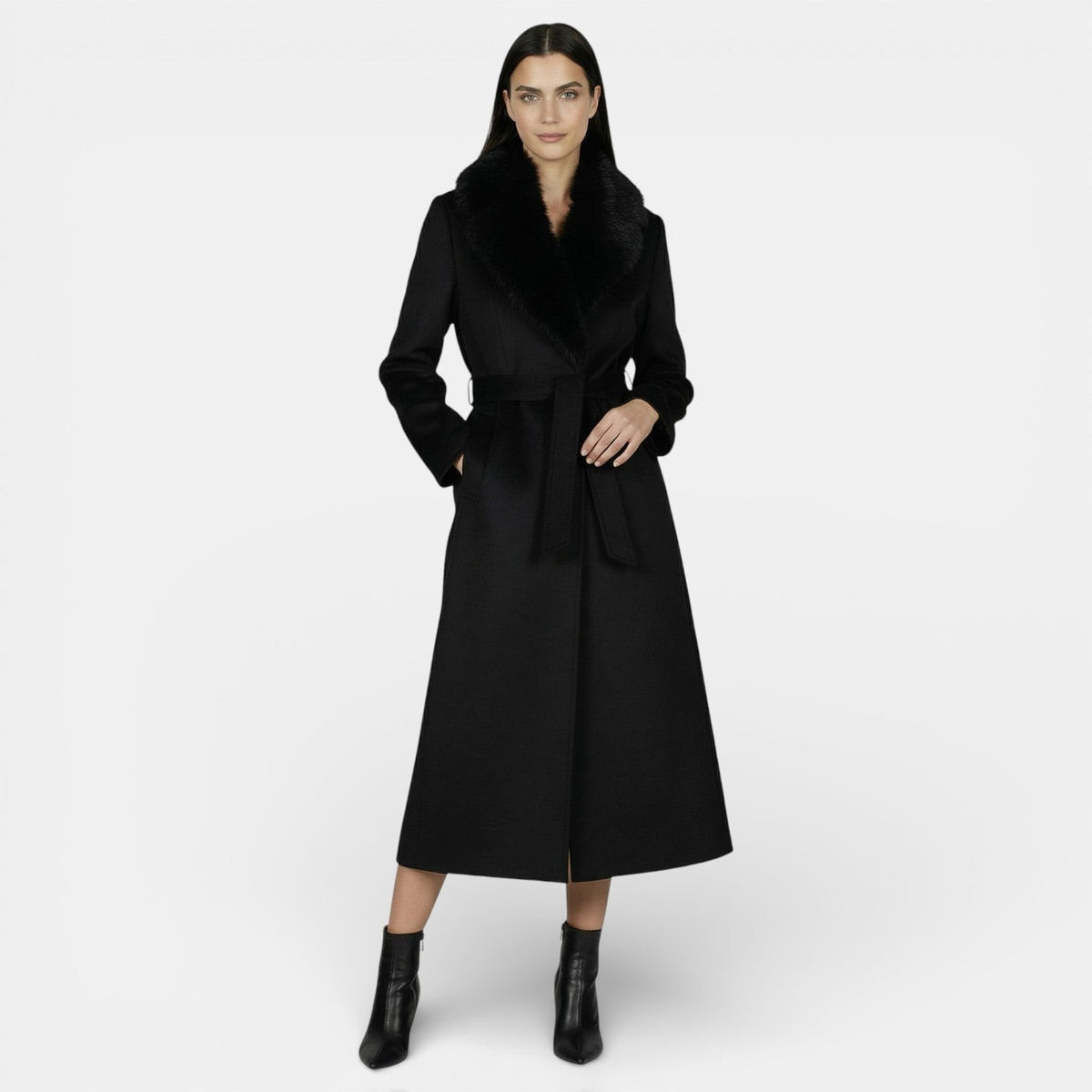 Women's Long Wool Coat with Faux Fur Collar and Belt