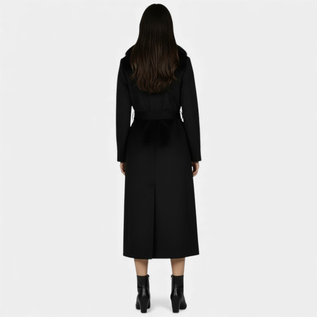 Women's Long Wool Coat with Faux Fur Collar and Belt