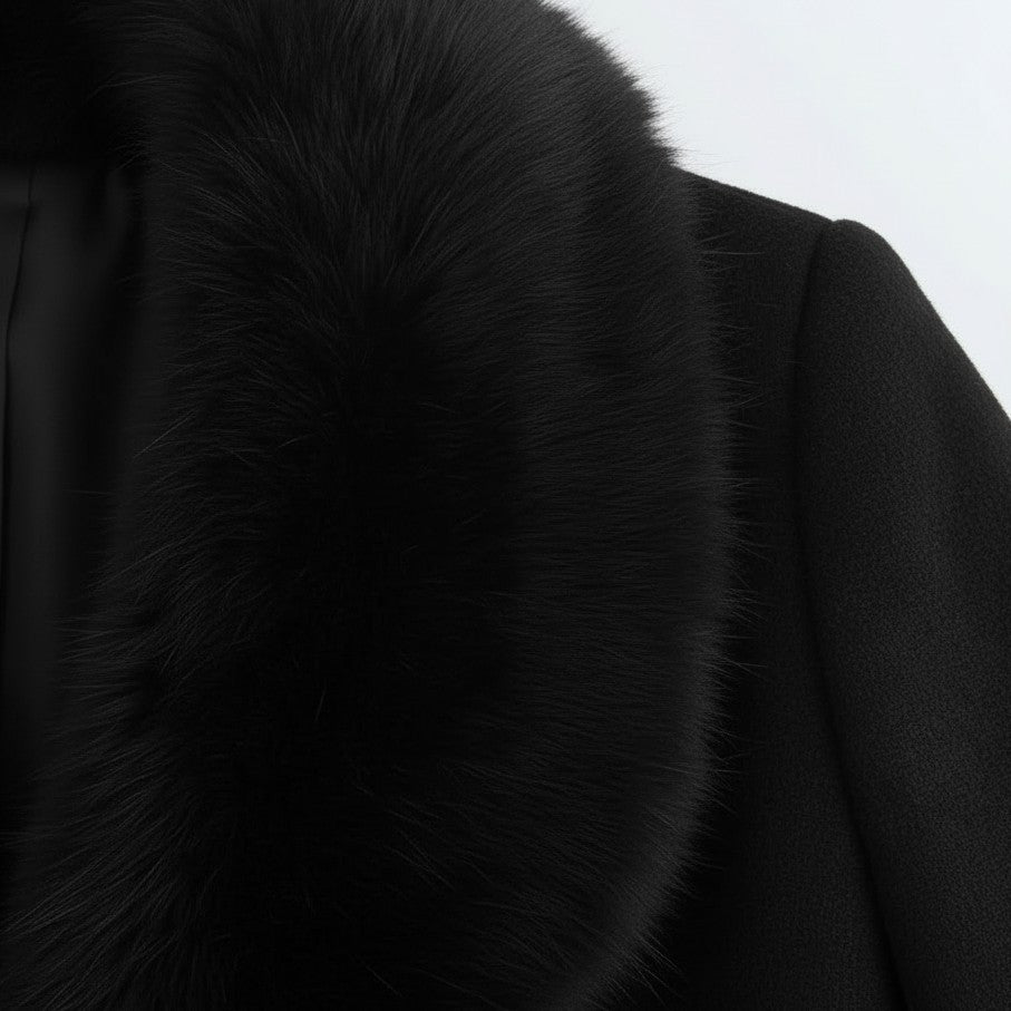 Women's Long Wool Coat with Faux Fur Collar and Belt