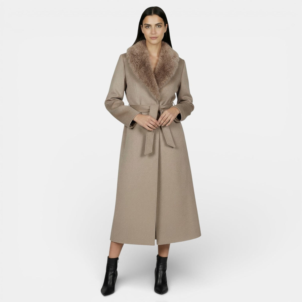 Women's Long Wool Coat with Faux Fur Collar and Belt
