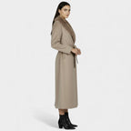 Women's Long Wool Coat with Faux Fur Collar and Belt