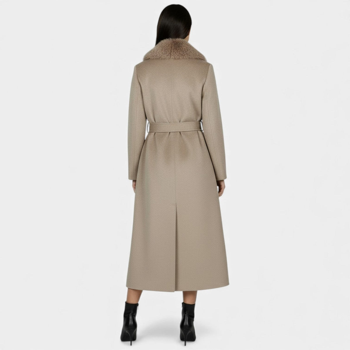 Women's Long Wool Coat with Faux Fur Collar and Belt
