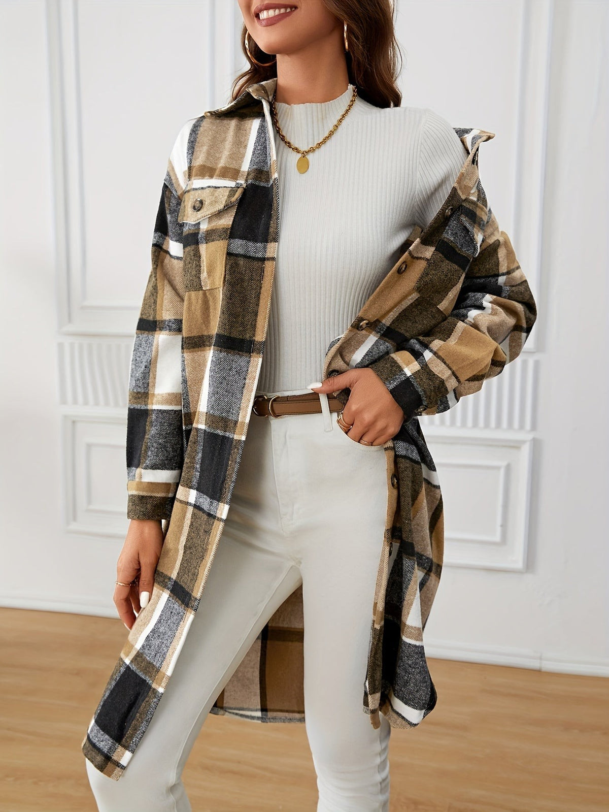 Women's Longline Plaid Coats