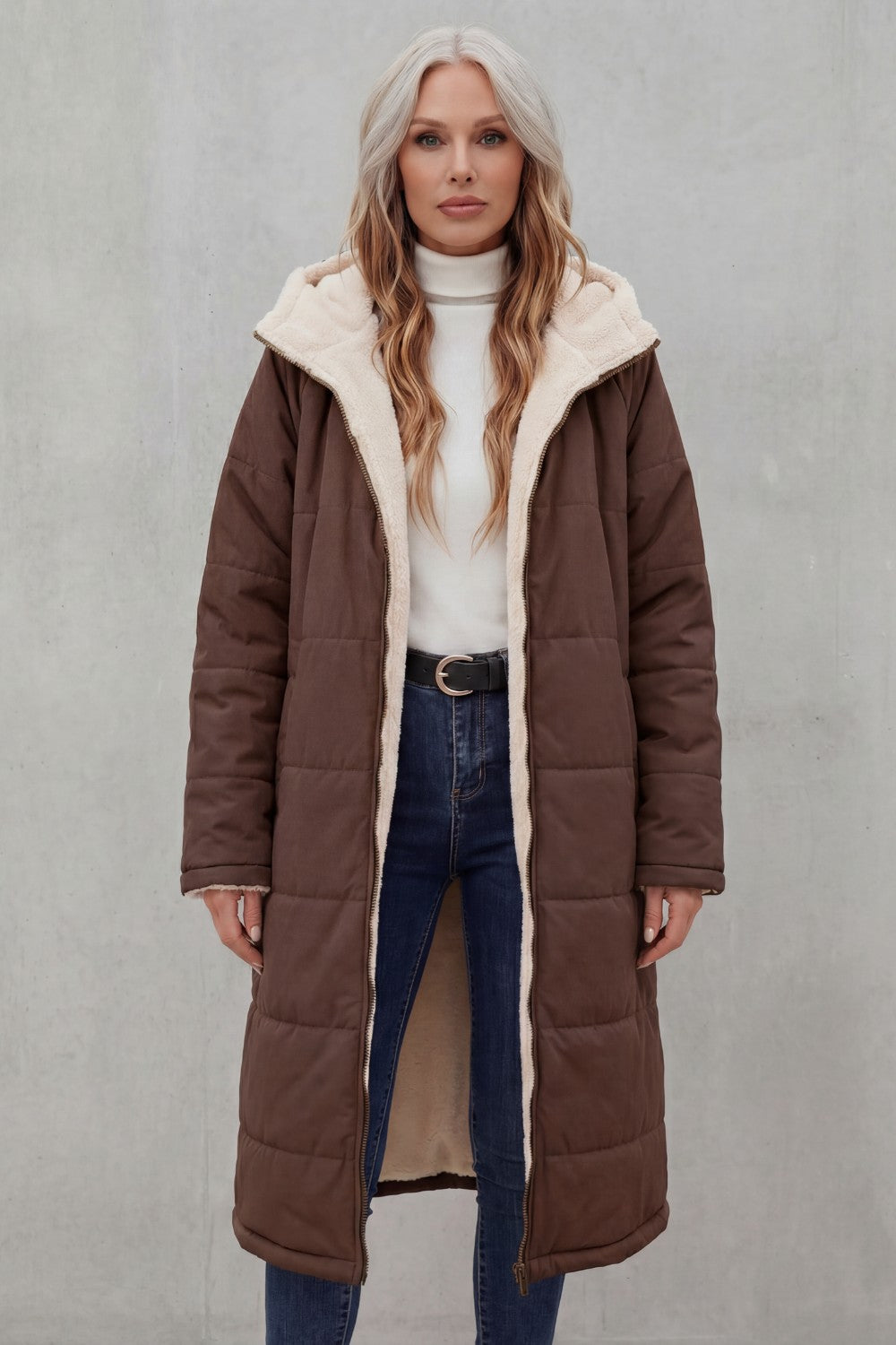 Women's Longline Quilted Coats with Hood