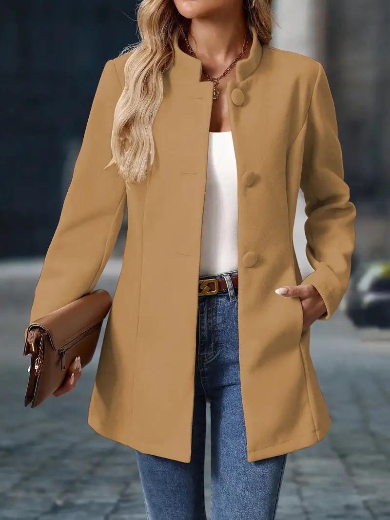 Women's Mid-Length Overcoat with Stand Collar