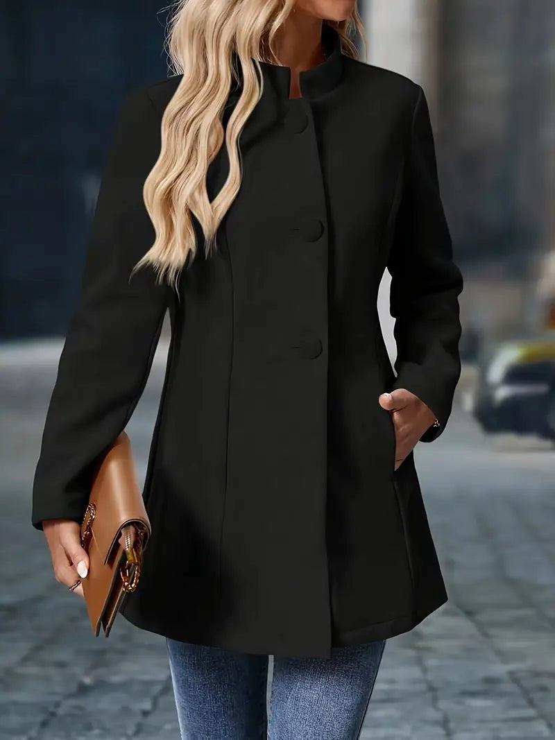 Women's Mid-Length Overcoat with Stand Collar