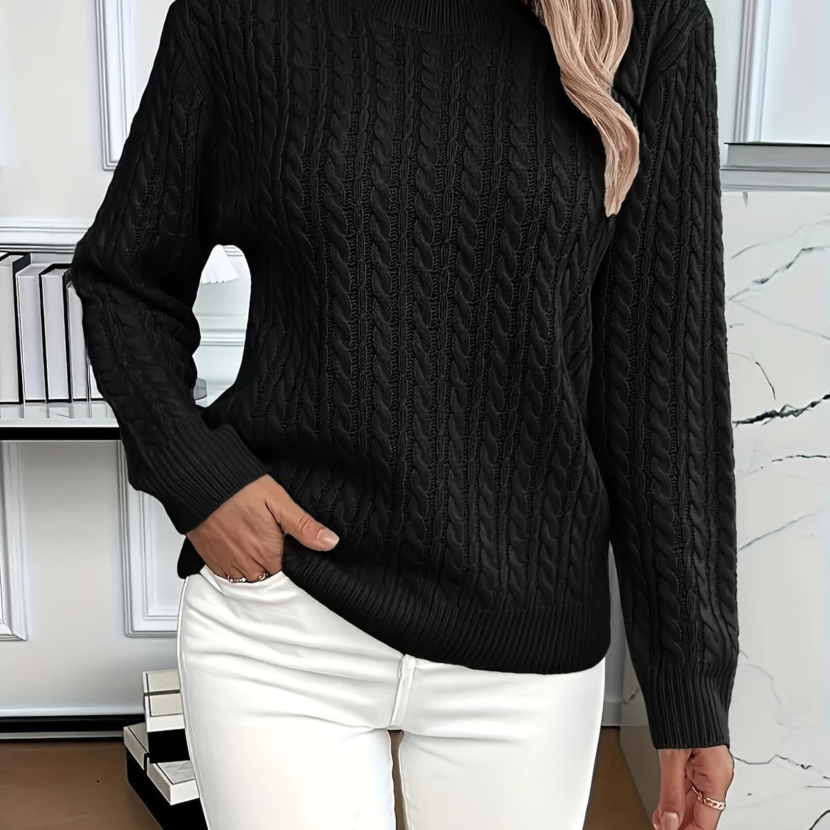 Women's Oversized Cable Knit Jumper with Round Neck